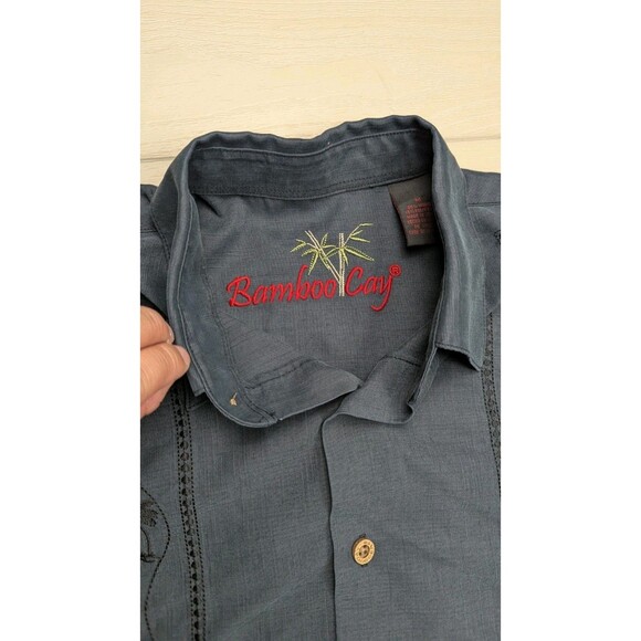 Vintage Bamboo Cay Palm Tree Embroidered Panel Black Hawaiian Shirt Mens M Modal - Picture 3 of 9